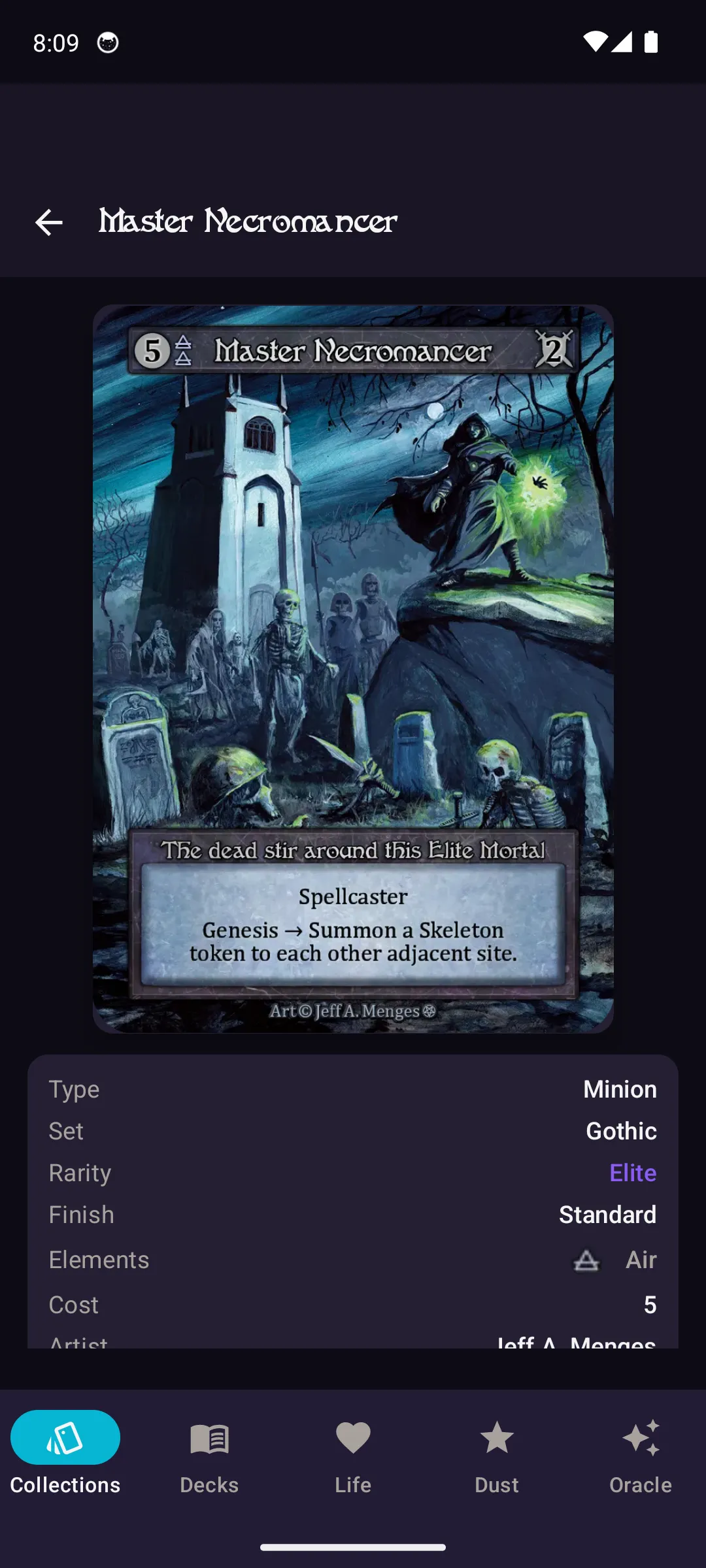 Card detail showing art and info