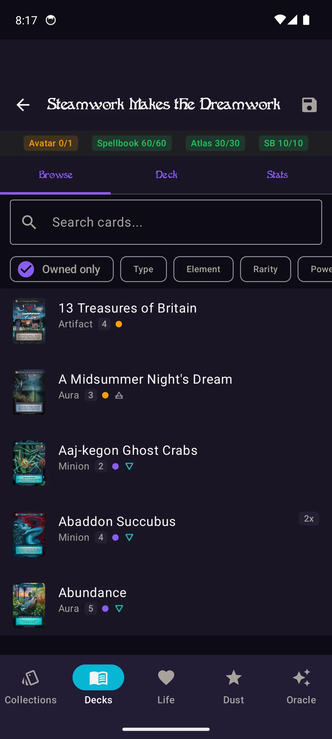 Deck builder search interface