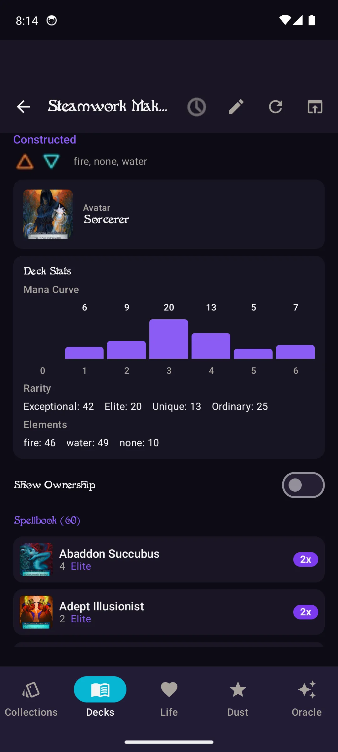 Deck detail with mana curve and breakdowns