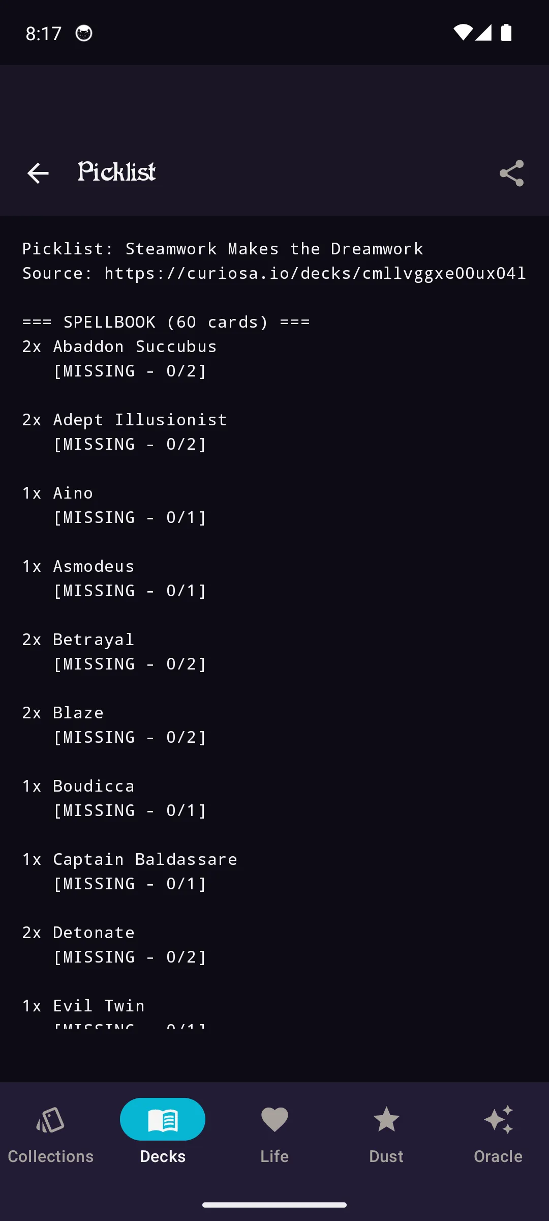 Tournament picklist screen