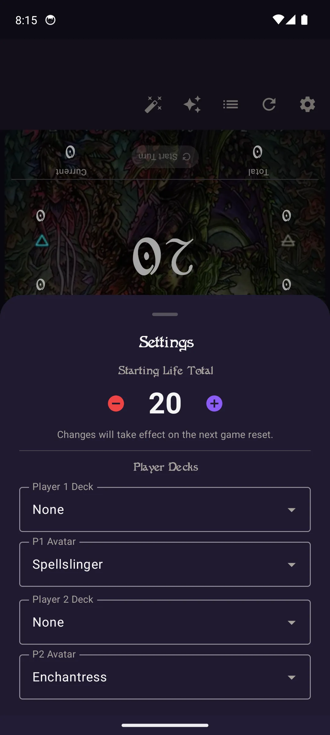 Life tracker settings sheet