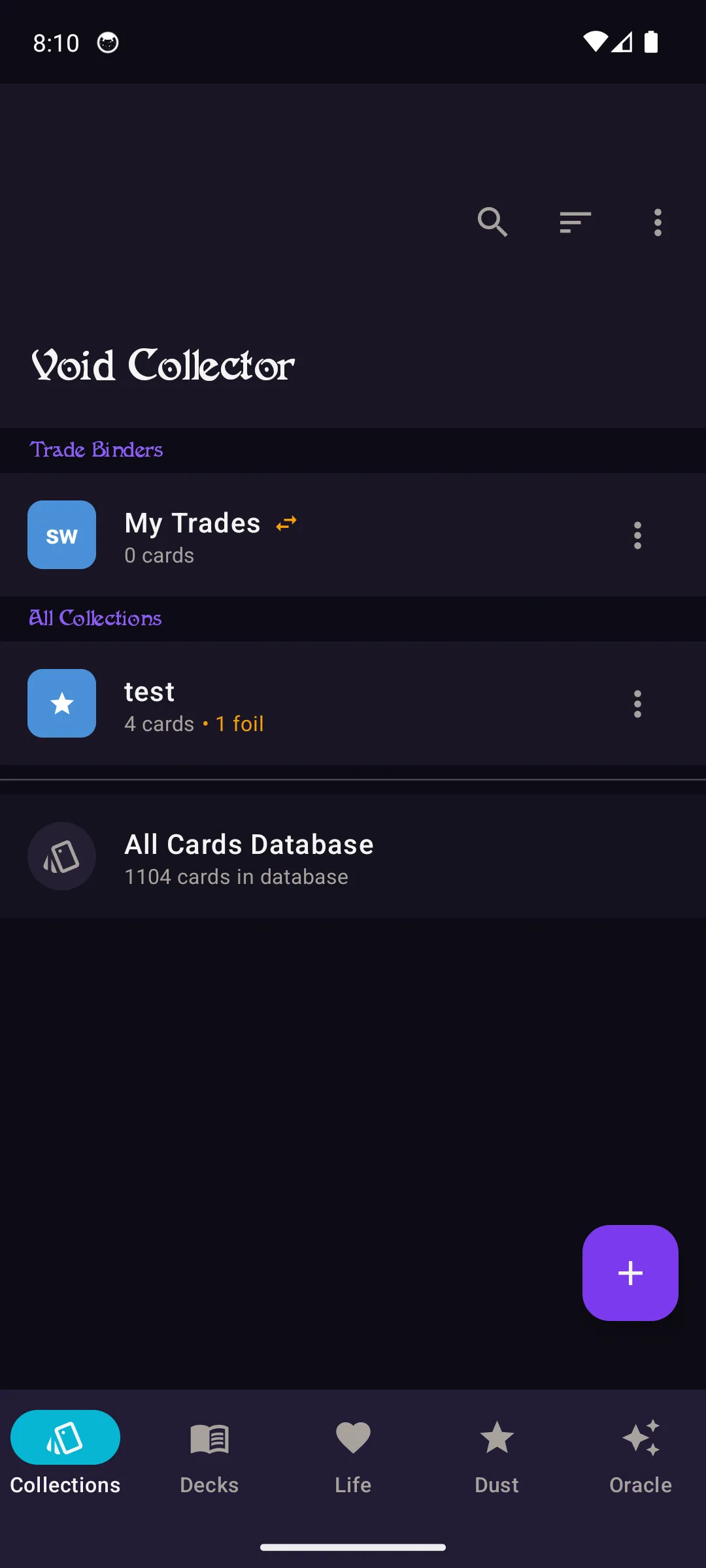 Collections home with trade binder section