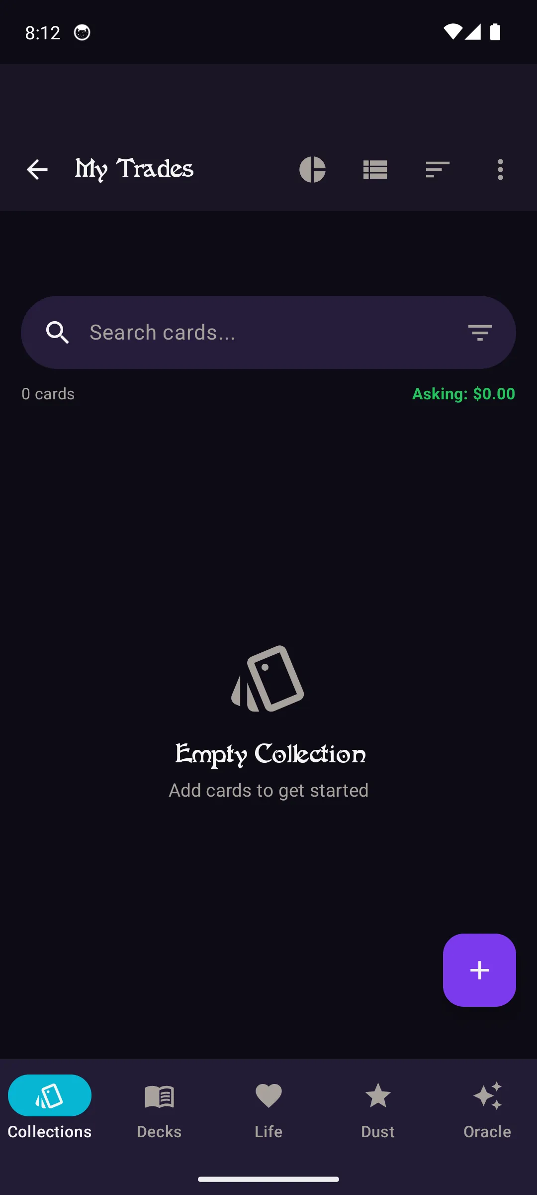 Trade binder detail view with asking price