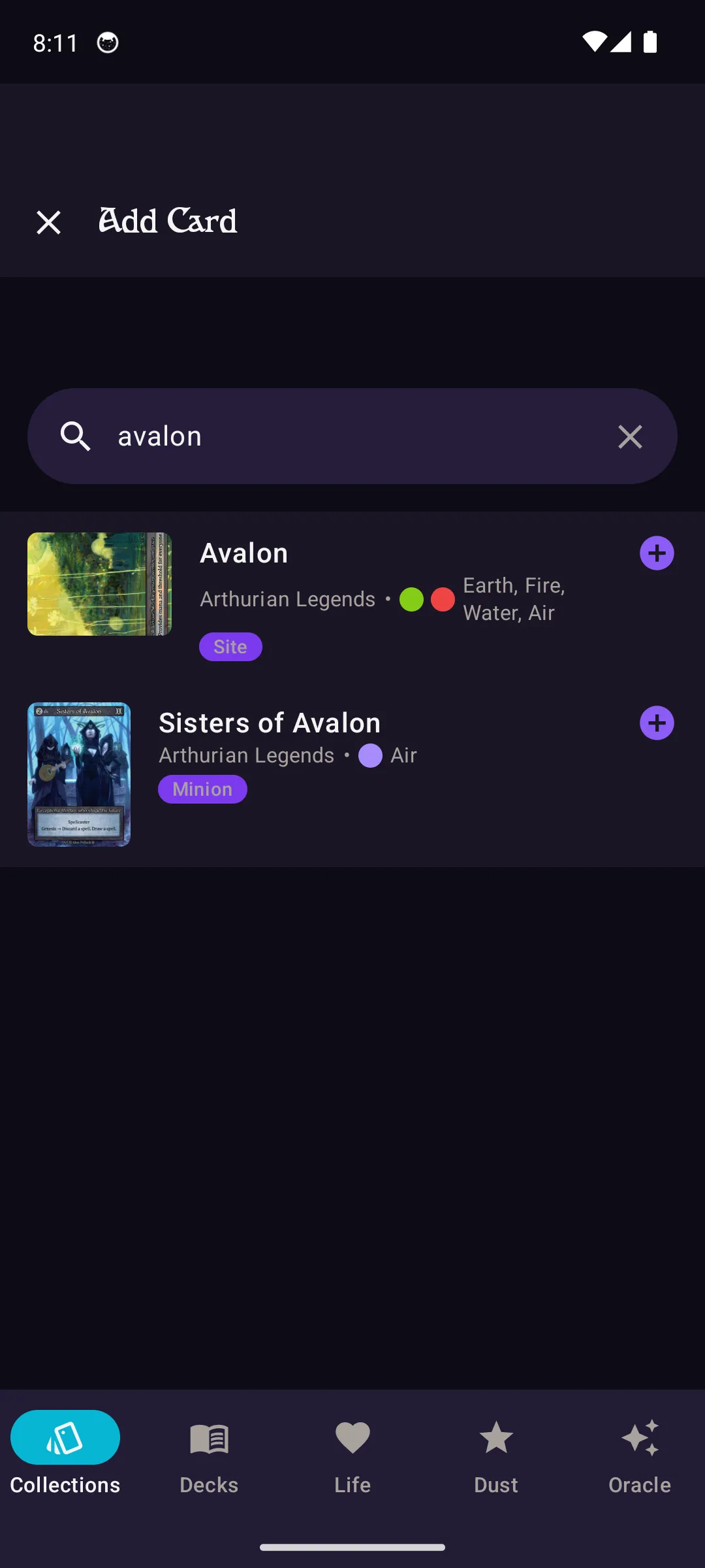 Card search results with add buttons