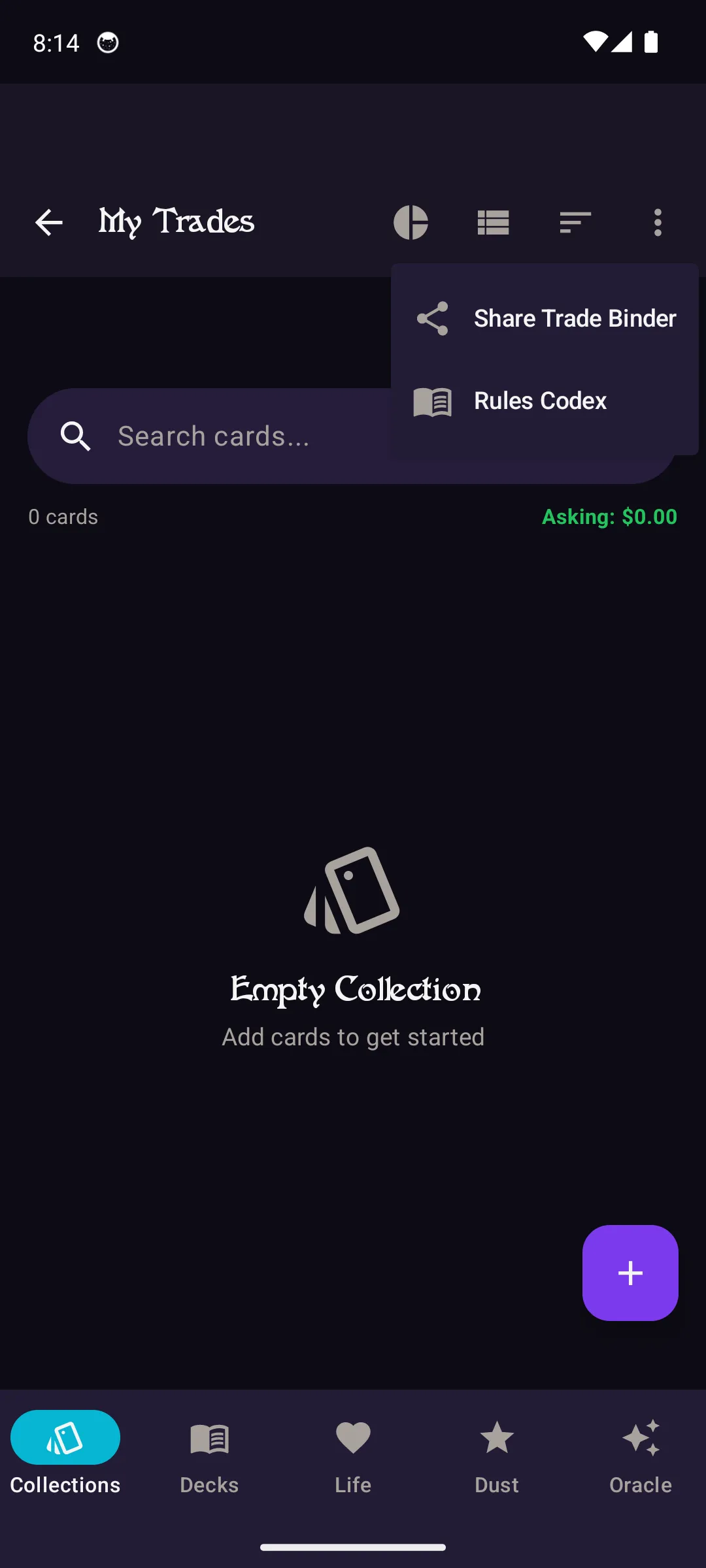 Share trade binder menu