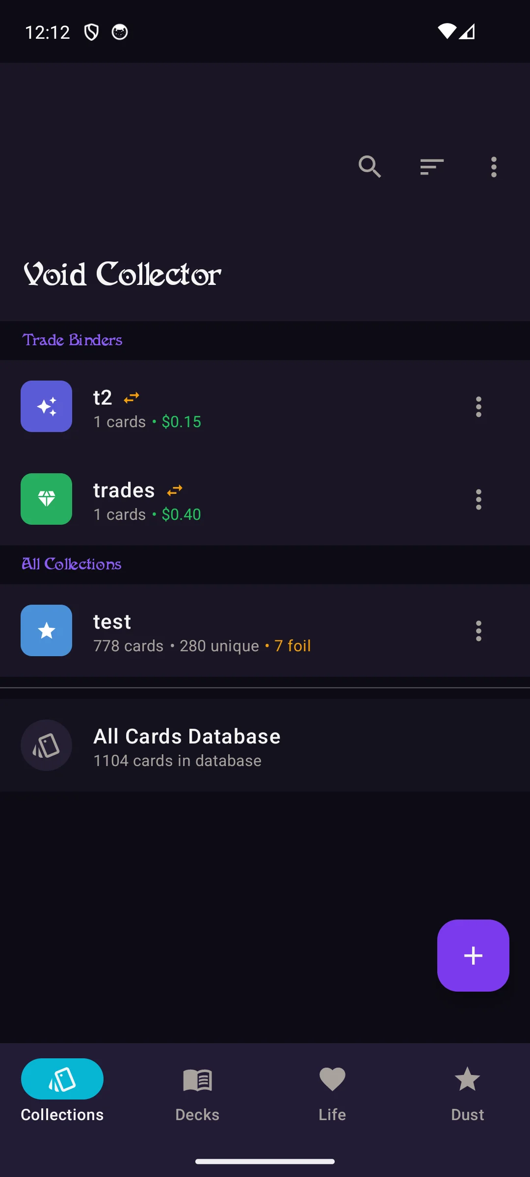 Collections home screen with trade binders and card collections