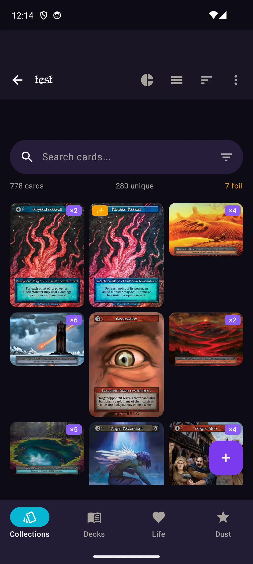 Collection grid view showing card art with quantities and foil counts