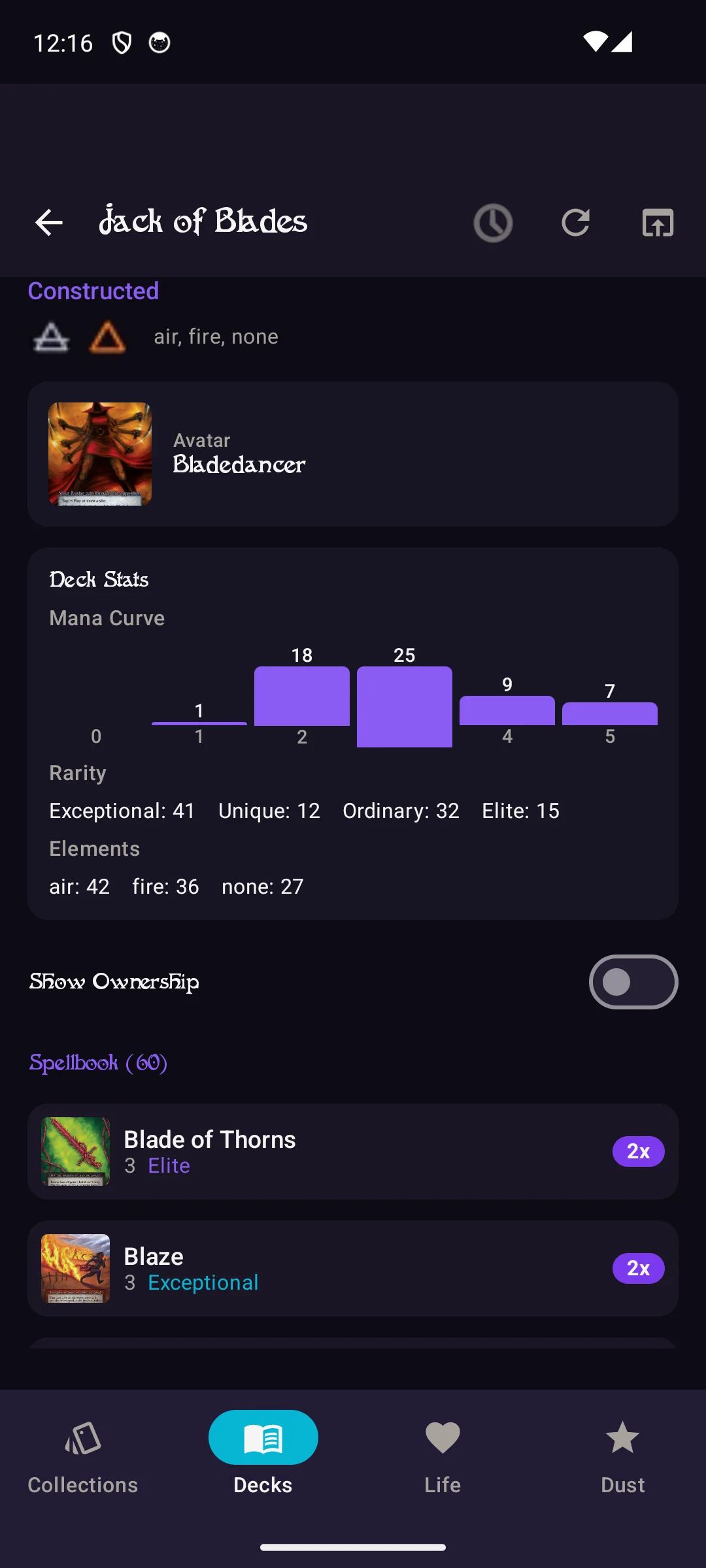 Deck builder with mana curve, rarity breakdown, and spellbook