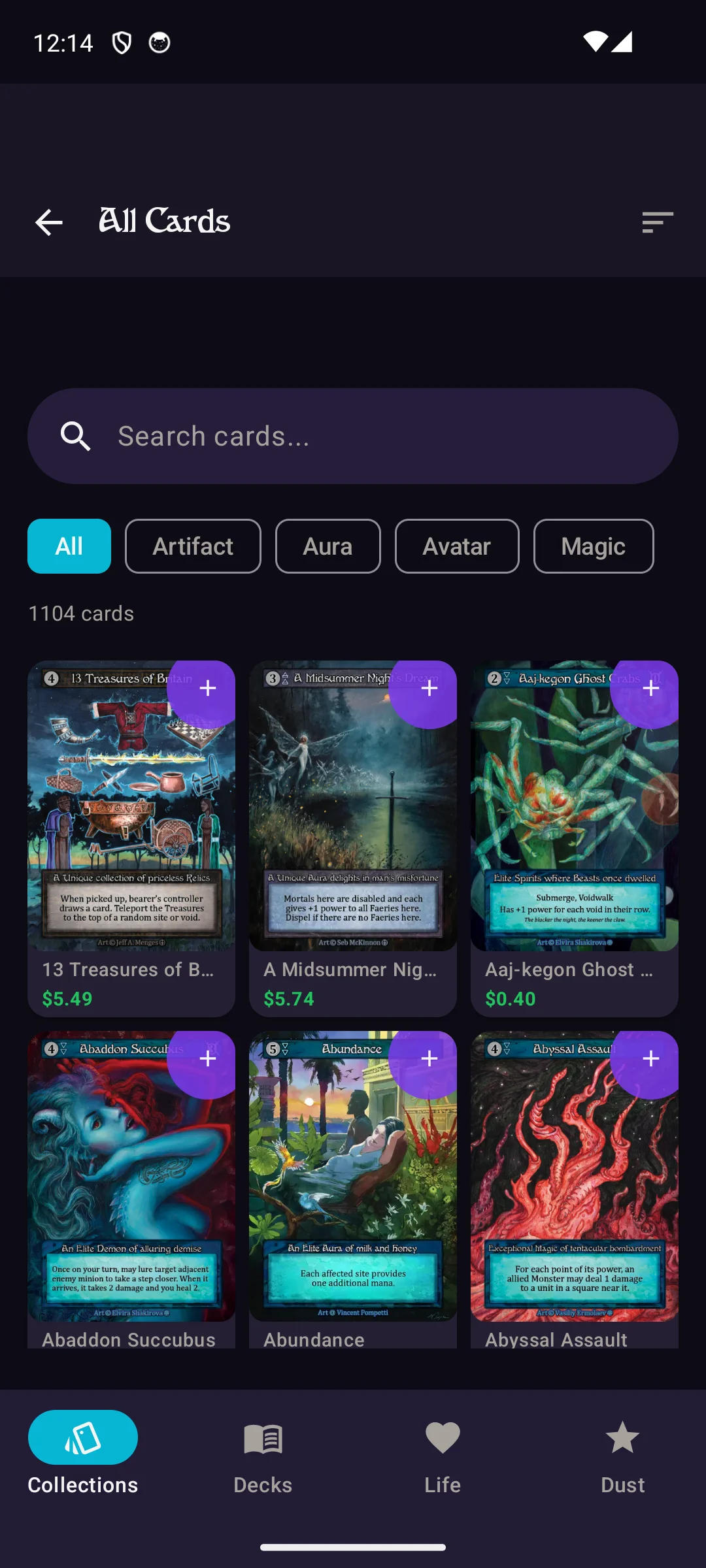 Full card database browser with type filters and 1,100+ cards