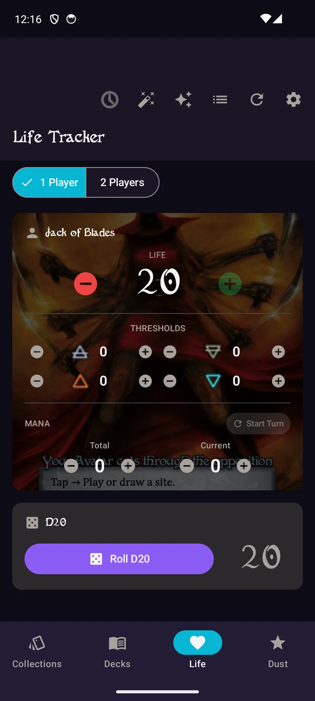 Life tracker with card art background, thresholds, and dice roller